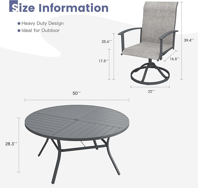 VICLLAX Outdoor Table and Chairs Set for 6, Patio Dining Set of 50" Metal Round Patio Table with Umbrella Hole & 6 Swivel Outdoor Dining Chairs for Backyard Lawn, Grey & Dark Grey