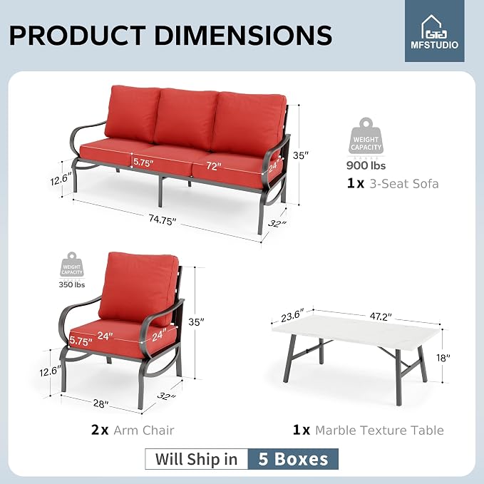 MFSTUDIO 4 Pieces Patio Conversation Set, 5 Seats Metal Patio Furniture Sets with 1 x 3-Seat Sofa, 2 Single Chairs,1 Coffee Table, All Weather Steel Patio Sets with 5.75inch Red Cushion for Garden