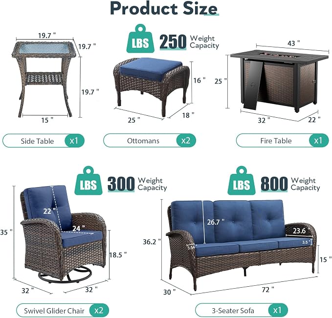 7 Piece Patio Furniture Set with Fire Pit Table - Wicker Patio Conversation Set with Swivel Glider, 3 Seat Sofa, Side Table and 2 Ottomans for Deck Backyard - Brown Wicker Blue Cushion