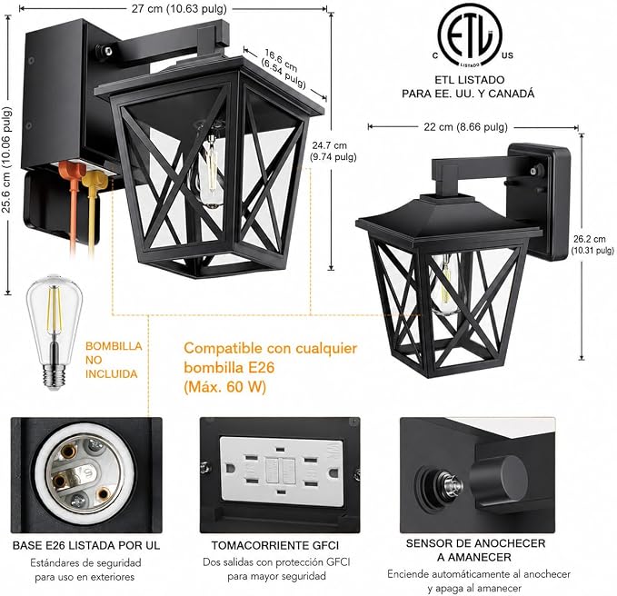 Ehaho Porch Lights with GFCI Outlet Aircraft Grade Aluminum Alloy-Black 1PC | Dusk to Dawn Outdoor Lights Waterproof IP 68 Upgraded 3 Lighting Modes Exterior Light with Plug for Front Door Patio Garage