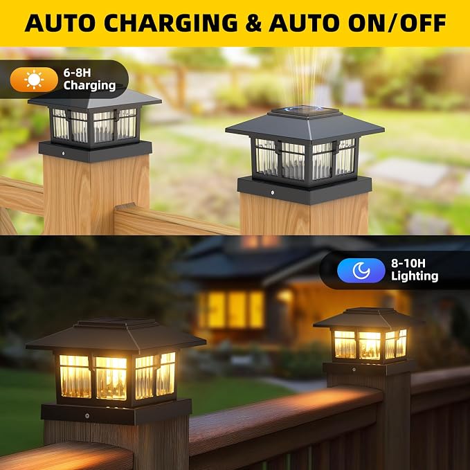 4x4 Solar Post Cap Lights, Classic Black, 4 Pack, Warm & Cool White | Fits 4x4 Wooden and Vinyl Posts,Fence Deck Post Lights,Edison-style bulb