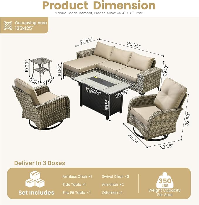 HOOOWOOO 8 Pieces Patio Furniture Set,L Shaped Outdoor Sectional Couch with Fire Pit Table, Pe Wicker All Weather Outside Conversation Sofa Swivel Chiars Solar Table Ottoman Set,Beige