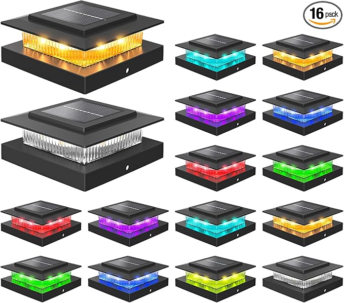 4x4 Post Solar Lights Color Changing,Solar Post Light,16 Pack Black | RGB Solar Post Cap Lights for 4x4 Post Caps Wood Vinyl,IP44 Waterproof Fence Post Solar Lights Outdoor, Solar Deck Post Light