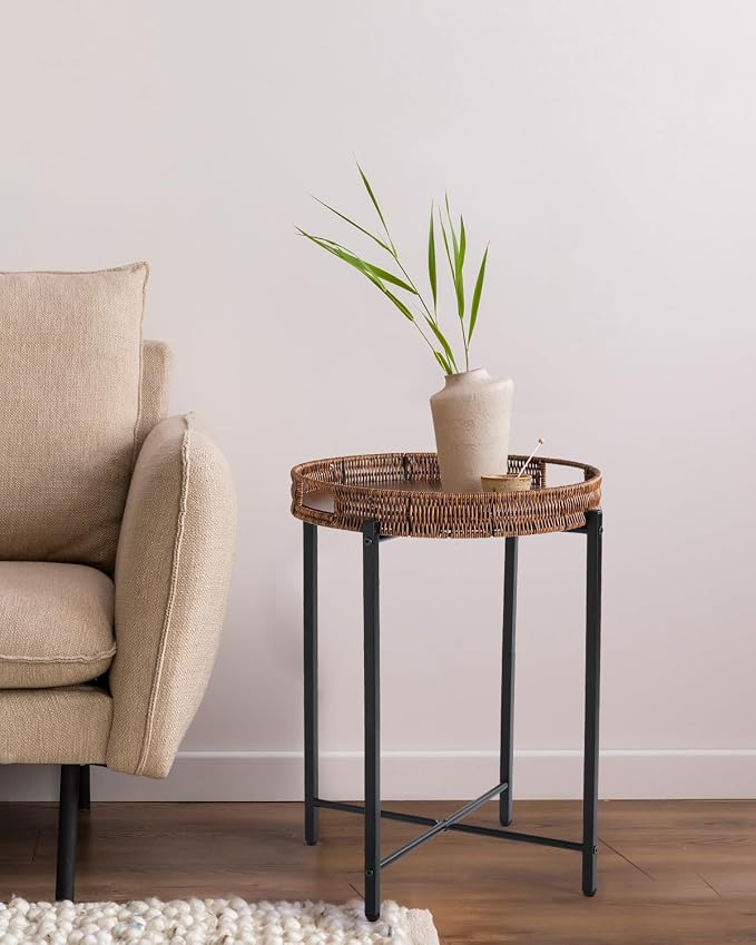16.5in Round Rattan Side Table with Wooden Top, Small Wicker End Table, Indoor/Outdoor Use