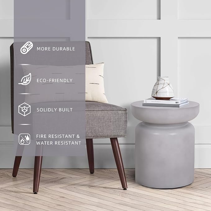 Afterglow Terrafab Concrete Look Side Table End Table Natural Decorative Garden Stools for Living Room Bedroom Patio Home Decor, Size: Ф14.6”* 17”H, Grey