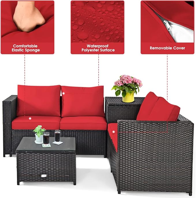 DORTALA 4-Piece Outdoor Patio Furniture Set, Weather Resistant PE Rattan Conversation Set with 2 Loveseats, Outdoor Sectional Sofa Set with Comfy Cushions for Garden and Poolside, Red