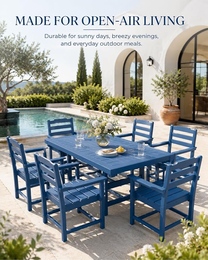 WACASA 7-Piece HDPE Outdoor Dining Set for 6, All-Weather Outside Dining Table and 6 Chairs with Umbrella Hole, Steel-Reinforced Patio Furniture, Blue