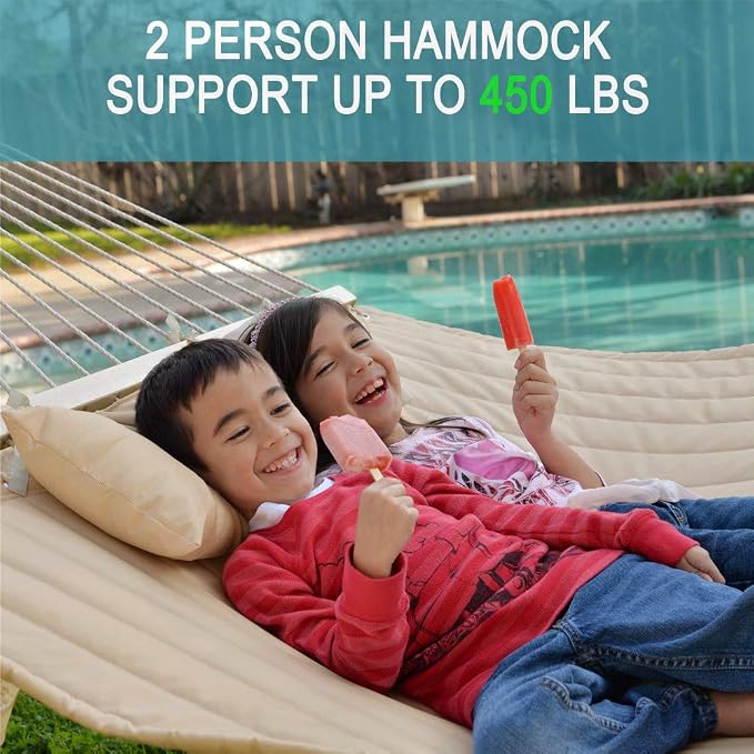 Lazy Daze Hammocks 2 Person Quilted Fabric Double Hammock with Spreader Bars and Detachable Pillow, 450lbs Capacity, Linen