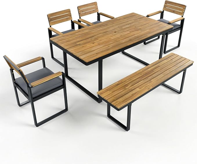 RuiSiSi 6-Piece Outdoor Dining Table Set, Acacia Wood Patio Dining Table Set with 1 Table, 4 Chairs, 1 Bench, Comfortable Cushions and Adjustable Feet for Patio, Garden, Backyard, Grey Cushion