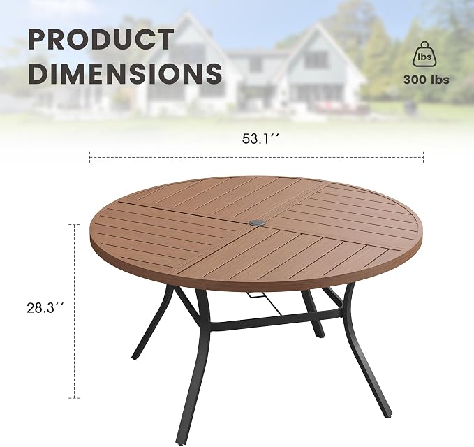 53.1" Outdoor Dining Table with Adjustable Umbrella Hole, Metal Slatted Round Patio Dining Table for Backyard Garden Deck, Walnut