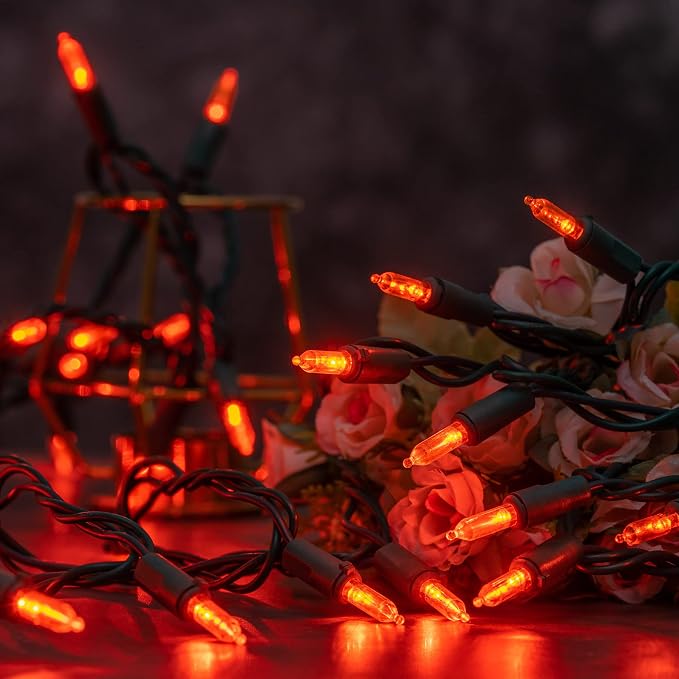 YULETIME 200 Orange LED Christmas Lights, 66 ft Green Wire UL String Light