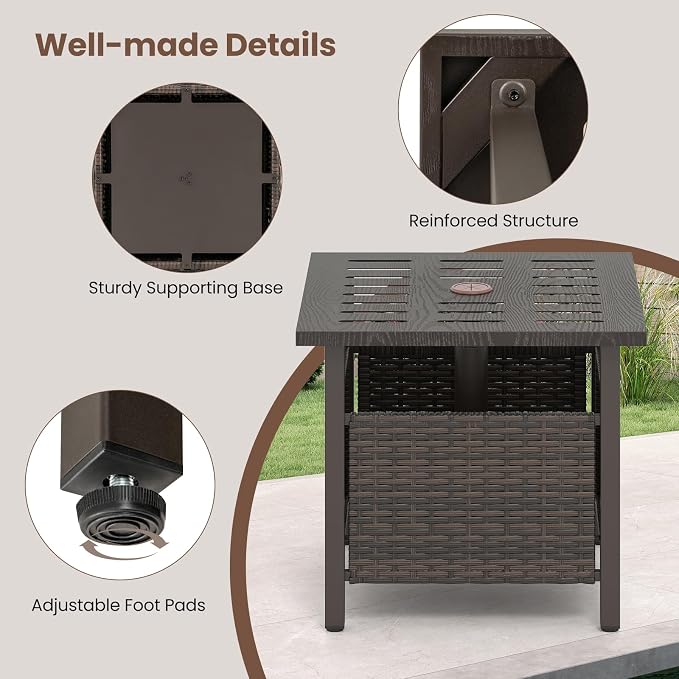 Tangkula Outdoor Side Table with 1.93" Umbrella Hole, All-Weather PE Wicker Patio Umbrella Table with Rustproof Frame for Garden, Deck and Poolside