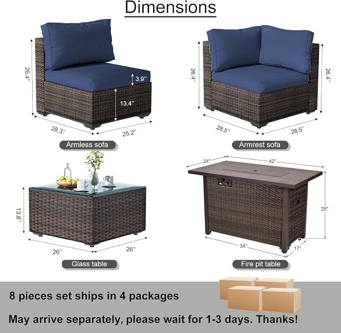 Patio Furniture Set, 8 PCS Outdoor Sectional Patio Furniture Set with 42" Fire Pit Table, Rattan Wicker Sofa Couch for Garden Backyard Deck Poolside, Blue