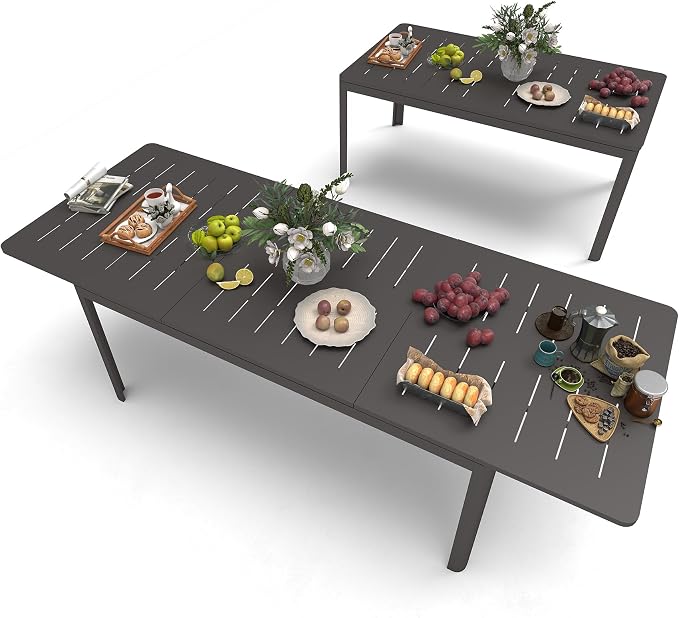 All Aluminum Expandable Patio Dining Table for 6-8 People, Extendable Outdoor Dining Room Table, All Weather Patio Furniture, Rectangular Metal Table with Adjustable Width 65"- 95", Dark Brown