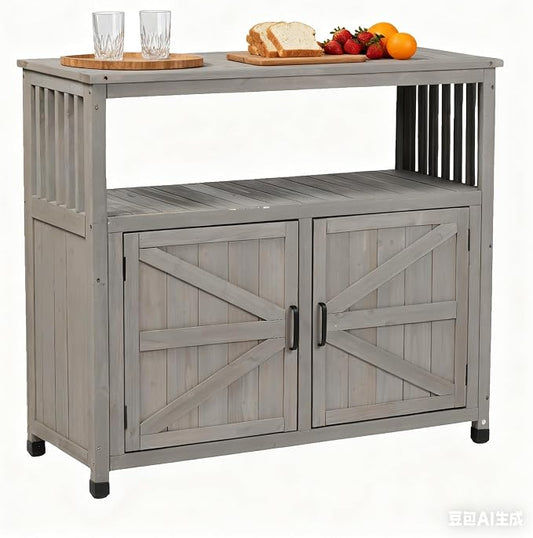 Wooden Patio Bar Table with Storage, Outdoor Buffet Cabinet Sideboard, Grey
