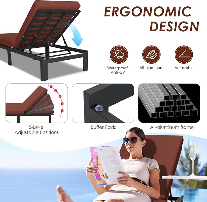 RADIATA 9 Piece XL Aluminum Patio Sectional Furniture Set with Chaise & Fire Pit Table, 500 lbs Heavy Duty Anti-Rust Outdoor Couch, 29 inch Deep Wide Seating, Elegant Conversation Sofa for Yard, Red