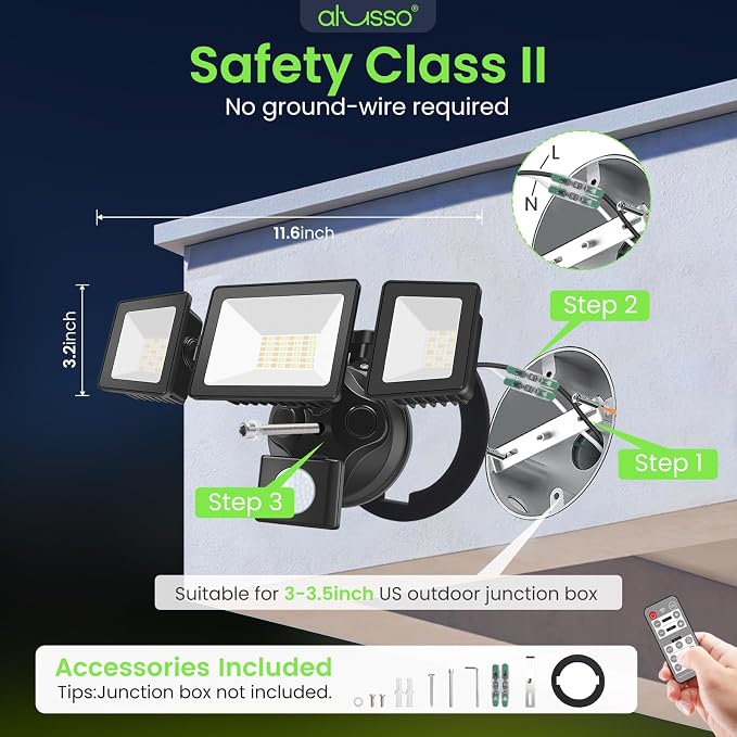 ALUSSO LED Security Lights Motion Sensor, 36W 3000LM Flood Lights Outdoor Motion Sensor with Remote, Dimmable Brightness 3000K-6000K CCT IP65 3 Heads Outdoor Security Light for House Garage Yard 2Pack
