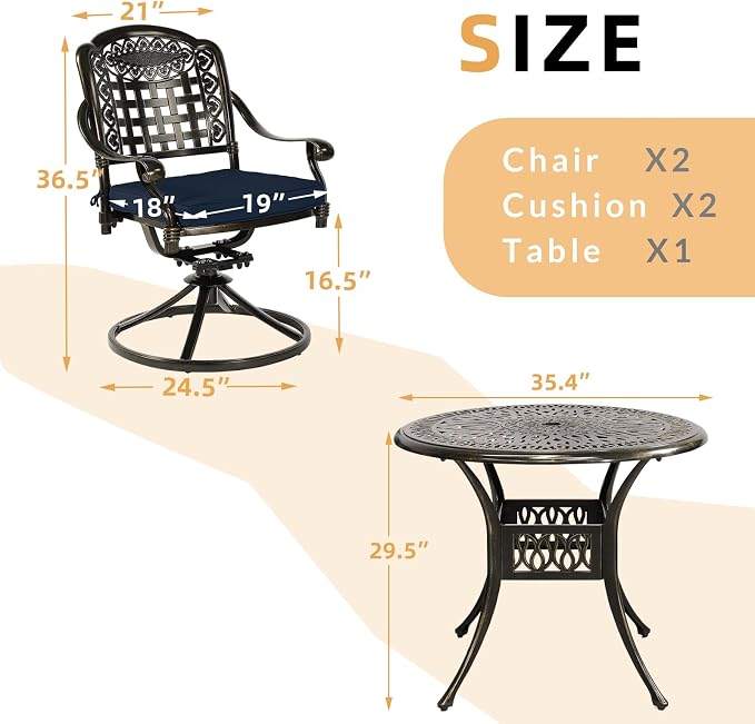 3-Piece Outdoor Patio Dining Set, All-Weather Cast Aluminum Patio Furniture Set for Backyard Garden Deck with 2 Swivel Cushioned Chairs and 35.4” Round Table, 2" Umbrella Hole, Navy Blue
