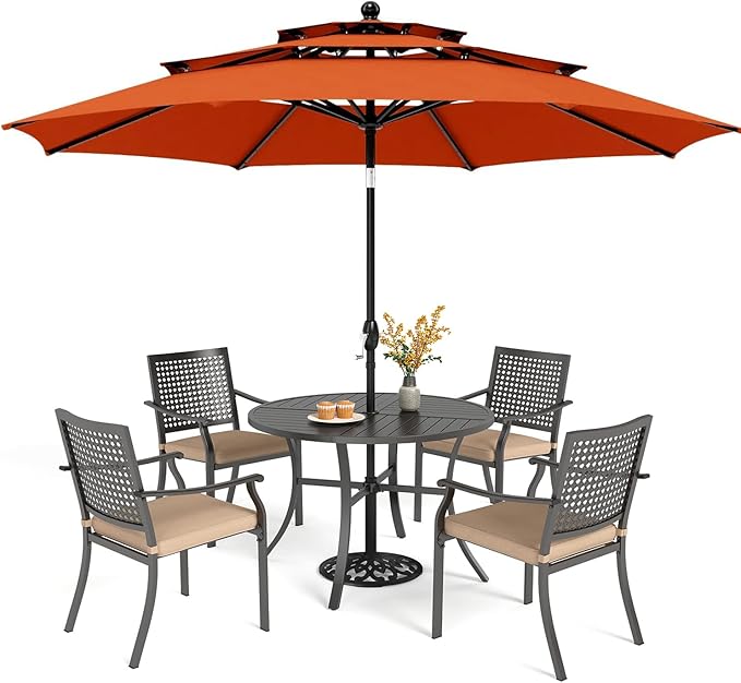 PHI VILLA Outdoor Round Table Set w/Umbrella, 5pc Patio Metal Furniture | 42" wrought iron table & stackable chairs for 4. 10ft red umbrella. Perfect for deck, porch, backyard.