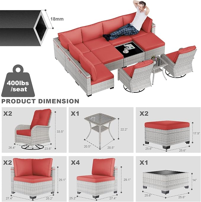 12-Piece Patio Furniture Set, Outdoor Patio Furniture with Swivel Chairs Set, Ottomans, Modular Patio Sofa, Dual-Strand Wicker Rattan, Rust-Resistant Frame, Red