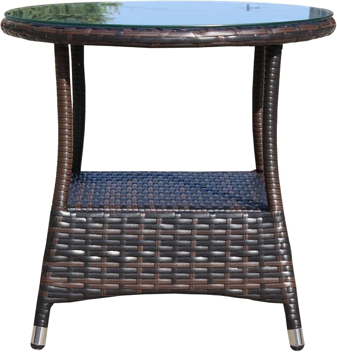 Outdoor Patio Round Coffee Table with Clear Tempered Glass Top Ideal for Garden Deck and Outdoor Entertaining Space-Saving Design