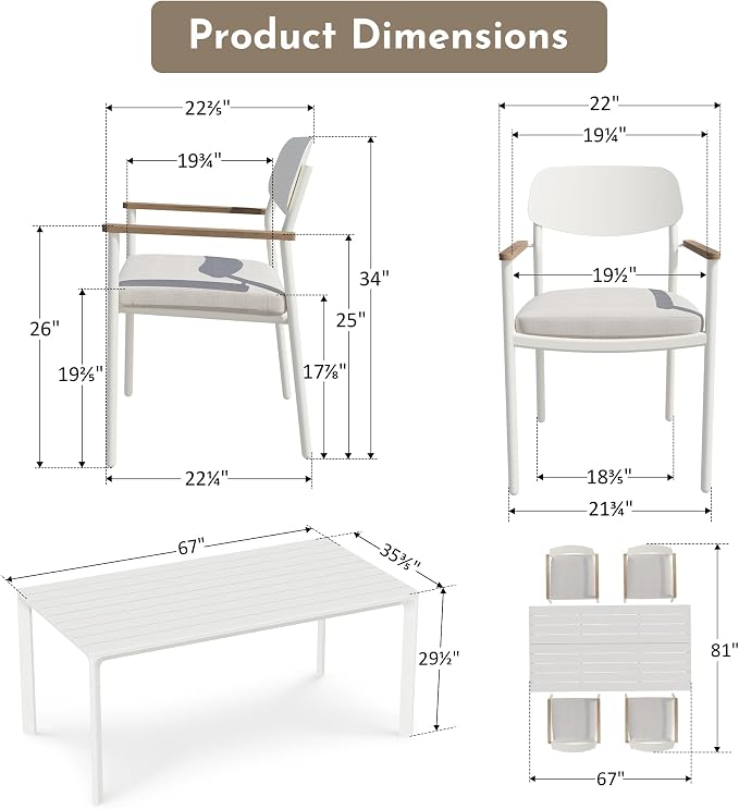 Modern Shade Luxury Outdoor Dining Set for 5, Outdoor Table and Chairs Set with Fade Resistant Cushions & FSC Teak, Premium Aluminum Patio Table and Chairs Set for Elegant Outdoor Living, White