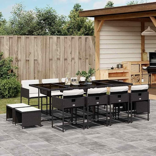 13 Piece Garden Dining Set Black PE Rattan Large Foldable Outdoor Patio Furniture with Rectangular Table 8 Chairs 4 Stools Tempered Glass Top UV Resistant for Backyard Terrace 12 Seats