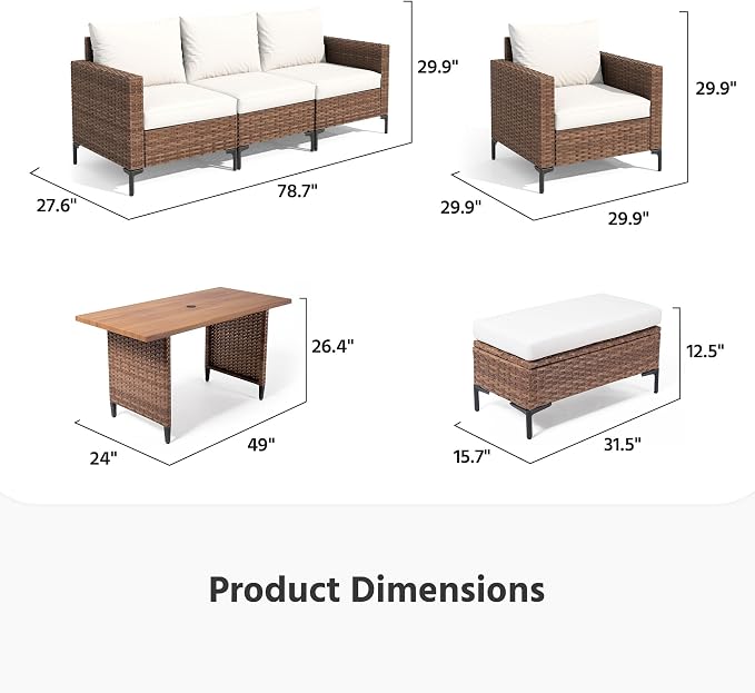LAUSAINT HOME 5 Pieces Outdoor Patio Furniture Set, PE Wicker Sectional Conversation Sofa with Adjustable Backrests, Storage Ottoman & Wood Table with Umbrella Hole, Beige