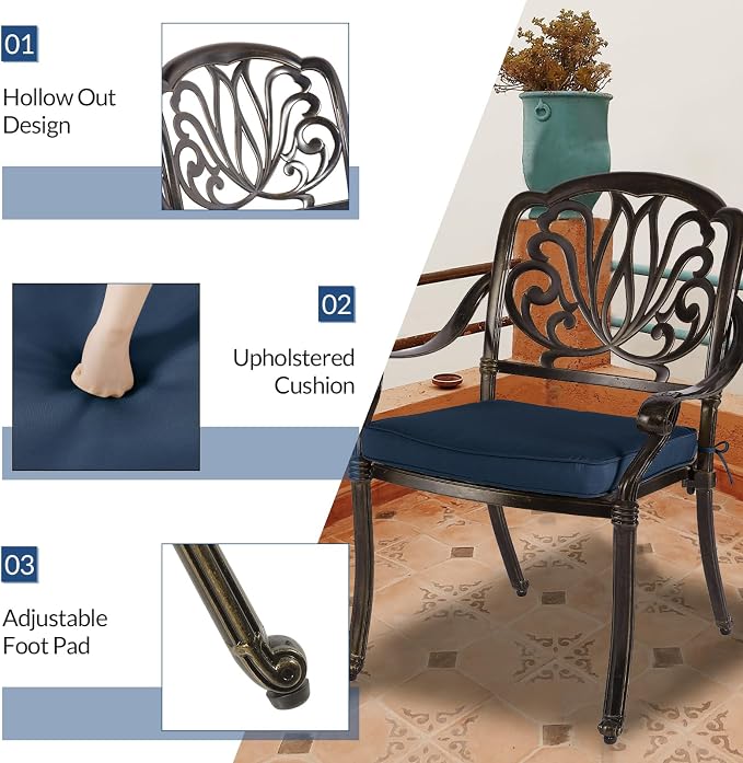 9-Piece Patio Cast Aluminum Dining Set, Outdoor Dining Furniture Set for 8 Person, Includes 64" Square Table and 8 Cushioned Chairs with Umbrella Hole for Patio Deck Garden, Navy Blue