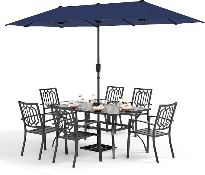 PHI VILLA 8 PCS Patio Dining Set w/13ft Patio Umbrella(Navy Blue) | Metal Outdoor Dining Set - 6 x Outdoor Stackable Chairs, 1x 60"x38"Rectangle Dining Table and 1 Umbrella