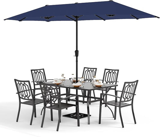 PHI VILLA 8 PCS Patio Dining Set w/13ft Patio Umbrella(Navy Blue) | Metal Outdoor Dining Set - 6 x Outdoor Stackable Chairs, 1x 60"x38"Rectangle Dining Table and 1 Umbrella