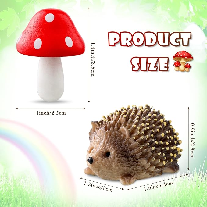 Queekay Resin Hedgehogs & Wood Mushroom Sculpture, Fairy Wild Garden Supplies, 6 Pieces, Red, Handmade Decor | Hedgehog & Mushroom Set, Plant Pot Bonsai Accent, Miniature Fairy Garden Figurines, Resin Craft, Indoor Outdoor Scene