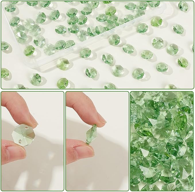 1 Box 120Pcs 14mm Crystal Glass Octagon Beads 2 Hole Prism Bead Bulk Pale Green Chandelier Replacement Connector Suncatcher Faceted Spacers for DIY Lamps Hanging Ornament Pendant Jewelry