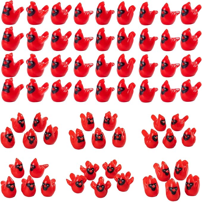 60 PCS 6 Styles Glossy Mini Red Resin Cardinal Bird Figurines, Tiny Bird Miniature Dollhouse Accessories, Bulk Christmas Ornaments for Xmas Gift Mini Garden Cake Topper Decor