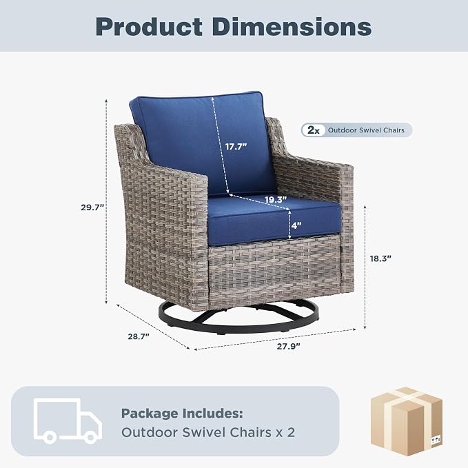 Belord Patio Wicker Swivel Rocker Patio Chairs, Outdoor Rattan Chairs for Deck Porch Garden, 2 Piece Luxury Patio Furniture Set, Blue