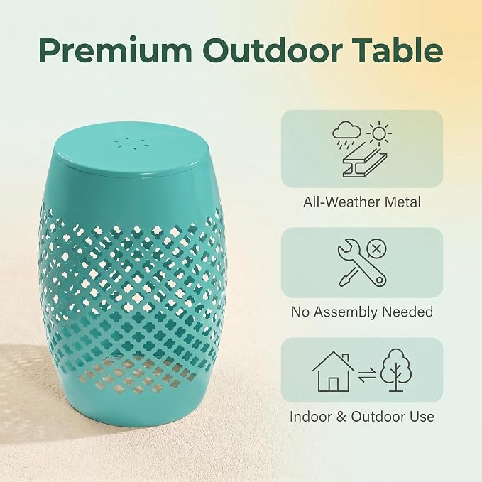 12" Outdoor Side Table, Metal Cutout Drum Side Table, Patio Garden Stool | Coffee End Tables for Small Spaces, Living Room, Backyard, Poolside