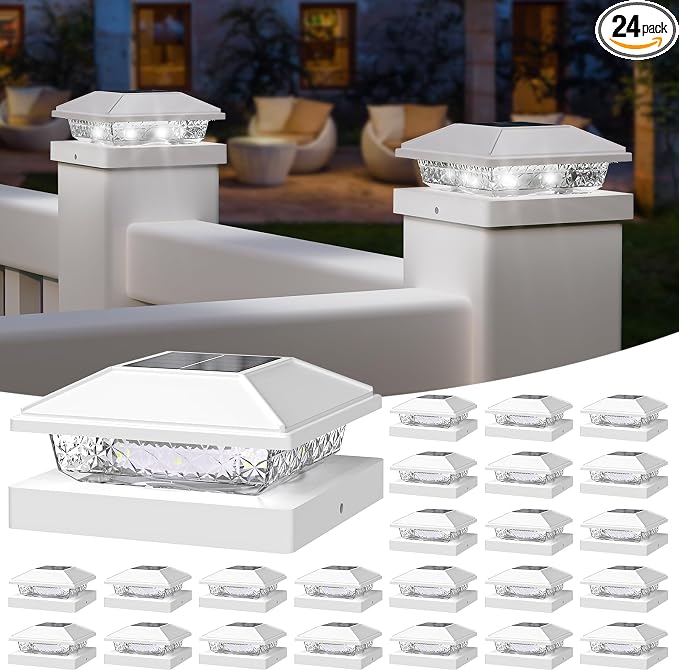 Solar Post Cap Lights,4x4 Post Solar Light,Cool White,24 Pack White | Fence Post Solar Lights for 4x4 Post Caps Wood Vinyl &5x5 Vinyl Post,IP64 Waterproof Solar Post Lights Outdoor for Deck