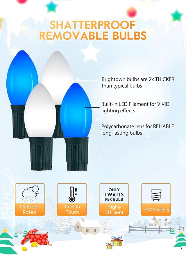 C9 Christmas Lights Outdoor, 100Ft 50 LED Blue & Pure White String Lights | Waterproof Shatterproof Connectable Christmas Tree Lights for House Outside Roofline Patio Yard Home Xmas Decorations