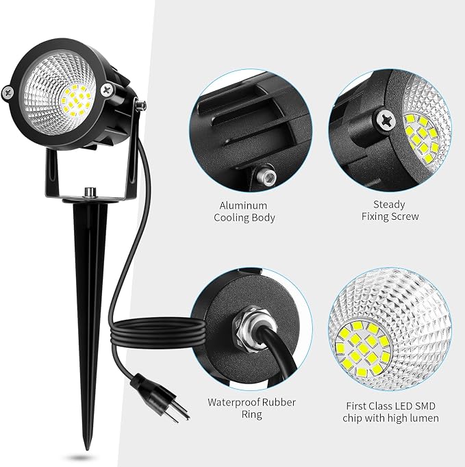 Outdoor Spotlight Cool White 6000K, 10W LED Spot Lights Outdoor for Yard Garden Tree, 120V Plug in Landscape Lighting with IP65 Waterproof for Halloween Christmas Decor, 4 Pack