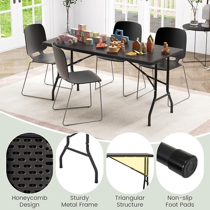 Goplus 5ft Folding Table, Indoor Outdoor Foldable Plastic Folding Tables, Heavy-Duty Rectangular Fold Up Table w/Handle, Portable Utility Card Table for Picnic, Party, Dining, Camping, Beach, Black