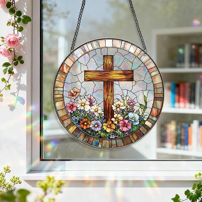 Acrylic Suncatcher Window Hanging, Cross Sun Catcher Rainbow Indoor Window Decoration for Living Room Bedroom, Summer Home Balcony Ornaments Deco, 7.87 x 7.87 inches