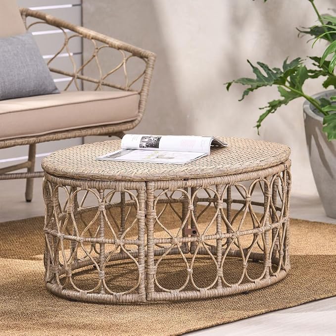 Outdoor Wicker Coffee Table, Circular Rattan Patio Table with Boho Design, PE Woven Outdoor Center Table for Backyard Patio Porch Deck, Durable All-Weather Frame, 32.5" Wide