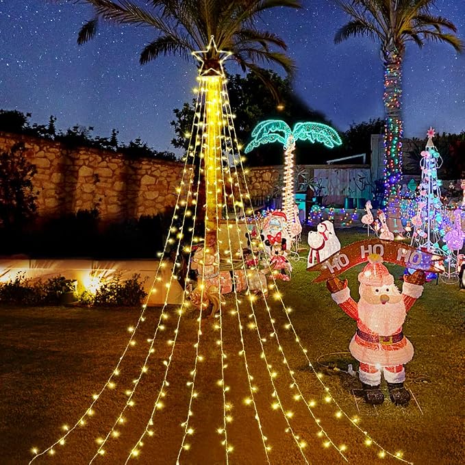 (New Christmas Decoration Lights, 320 LED Waterfall Christmas Tree Lights with 12" Star Topper, 8 Modes Indoor Outdoor String Lights for Yard, Party, Home, Holiday (Warm White)
