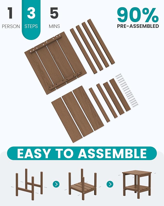 SERWALL 2-Tier HDPE Outdoor Side Tables Set of 4, Weatherproof Rectangular Adirondack Side Table, Brown