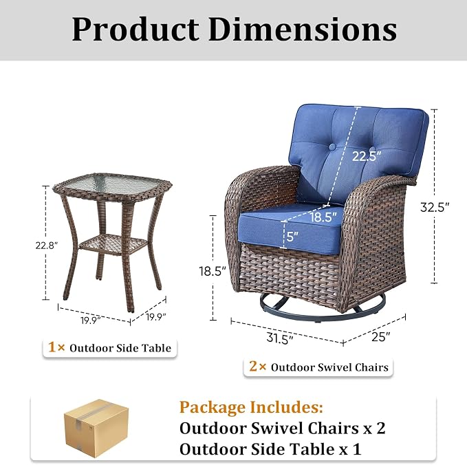 3-Piece Wicker Patio Furniture Set with 5-Inch Thick Cushions Weather Resistant Rattan High Back Swivel Rocker Chairs Senior Friendly Conversation Set for Small Porch Deck Sunroom Brown/Blue