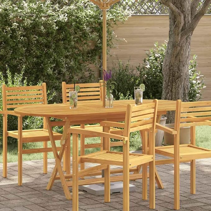 vidaXL Outdoor Dining Table, Folding Patio Table with Umbrella Hole, Garden Furniture for Porch Backyard, Modern Style, Solid Eucalyptus Wood