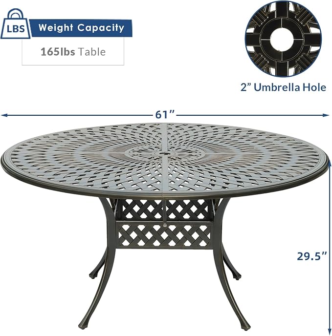 61" Large Outdoor Dining Table with 2" Umbrella Hole, Cast Aluminum Outdoor Patio Dining Table for 8 Person, All Weather Large Round Patio Table for Garden Lawn Backyard, Dark Bronze