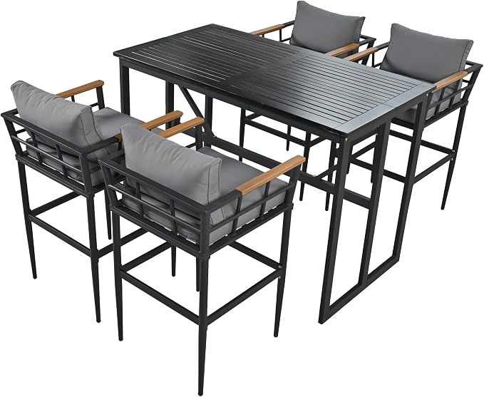 5-Piece Patio Dining Set, Steel Outdoor Dining Table and 4 Cushioned Chairs with Acacia Wood Armrest, Modern Conversation Furniture for Courtyard,Garden, Balcony (Black+Steel, 5-Piece)
