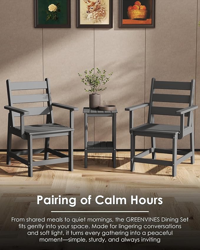 GREENVINES Patio-Chair | Outdoor Dining Chairs Set of 2 | HDPE Plastic | Removable Armrests | All Weather | for Backyard Deck Poolside Garden | Grey