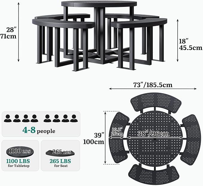 YITAHOME 38" Round Metal Picnic Table with Umbrella Hole, Q235 Carbon Steel Heavy Duty Outdoor Table, Black Industrial Patio Set for Backyard, Park, and Lawn